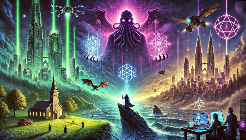 Sci-fi Großstadt mit einer alten Fantasy Kirche im Vordergrund und einem Cthulhu Wesen im Hintergrund.